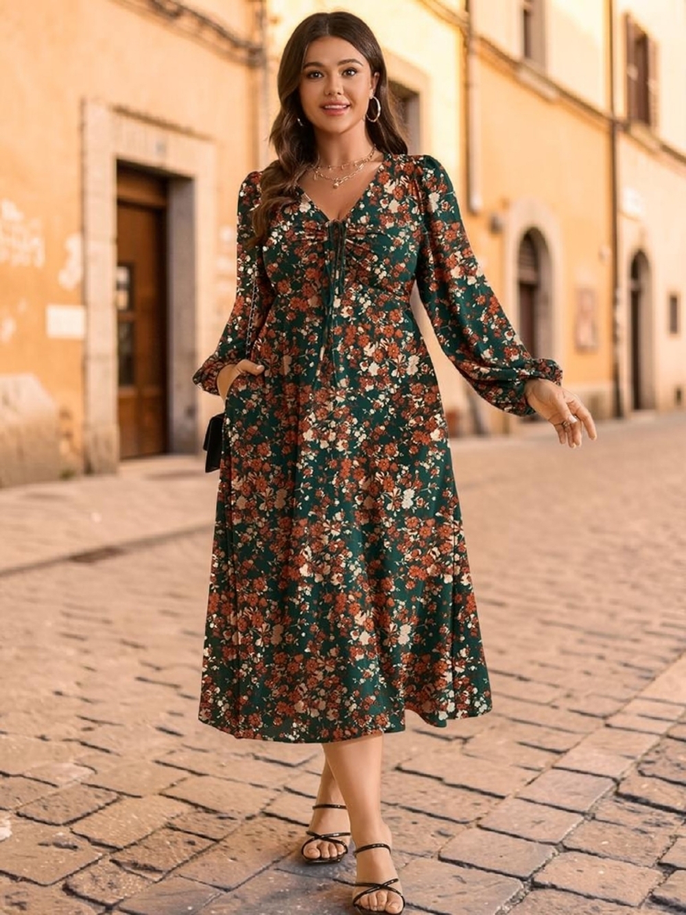 RWJ - XL Floral V-Neck Long Sleeve Midi Dress - Green Floral - Picture 2 of 11